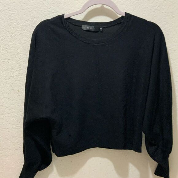 ZESICA Size Medium Black Loose Dolman Sleeve Crewneck Sweater Slight Crop 18" - Picture 4 of 8